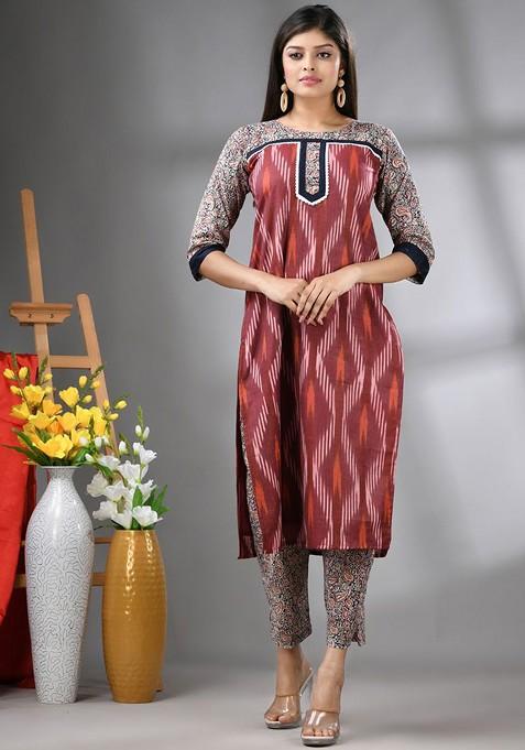 Maroon Printed Cotton Kurta Set