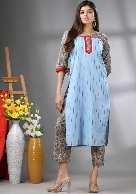 Blue Printed Cotton Kurta Set