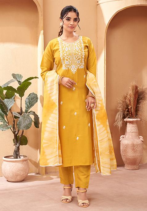 Yellow Printed Chanderi Kurta Set