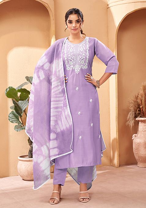 Purple Printed Chanderi Kurta Set