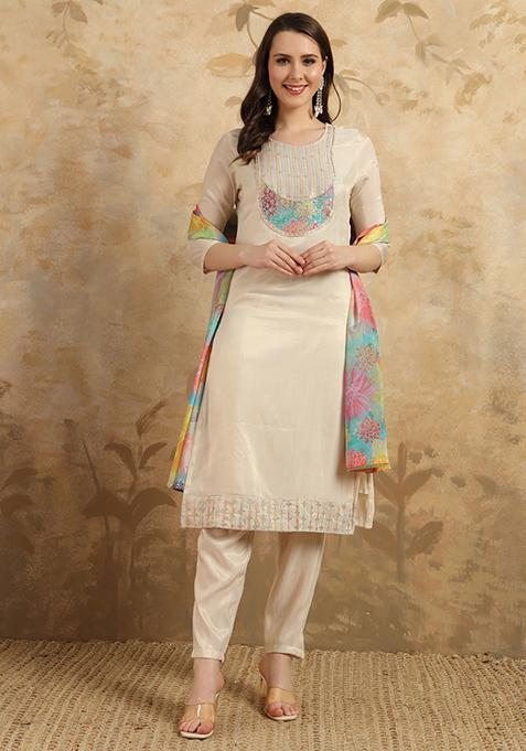 Cream Embroidered Simar Satin Kurta Set