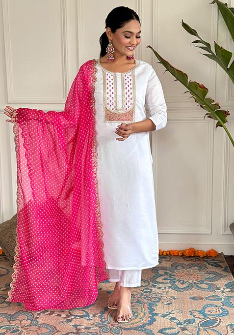 White Embroidered Viscose Rayon Kurta Set