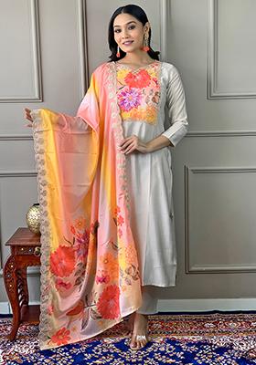 Cream Embroidered Chanderi Kurta Set