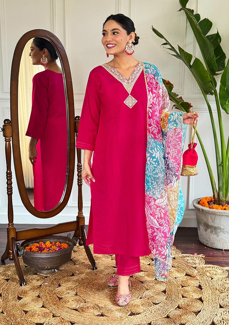 Red Embroidered Chanderi Silk Kurta Set