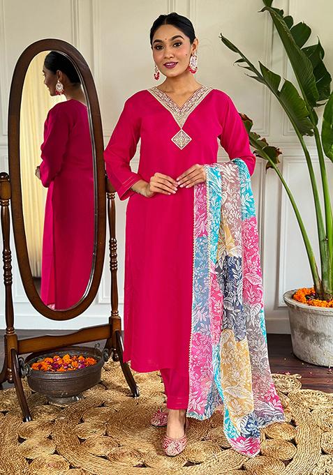 Red Embroidered Chanderi Silk Kurta Set