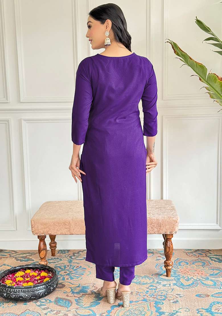 Violet Embroidered Rayon Slub Kurta Set - Indya