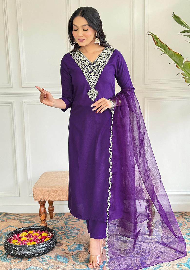 Violet Embroidered Rayon Slub Kurta Set