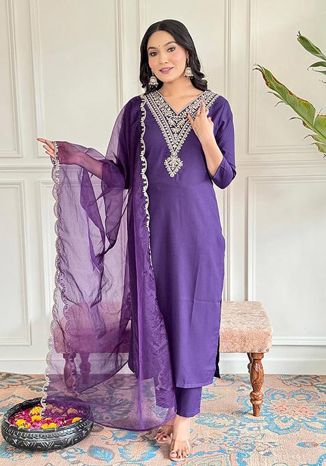 Violet Embroidered Rayon Slub Kurta Set