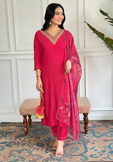 Red Embroidered Rayon Kurta Set