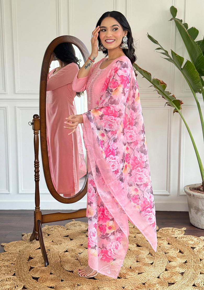 Pink Thread Embroidered Rayon Slub Kurta Set