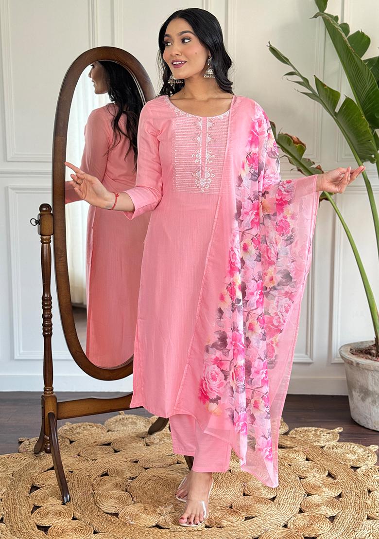 Pink Thread Embroidered Rayon Slub Kurta Set