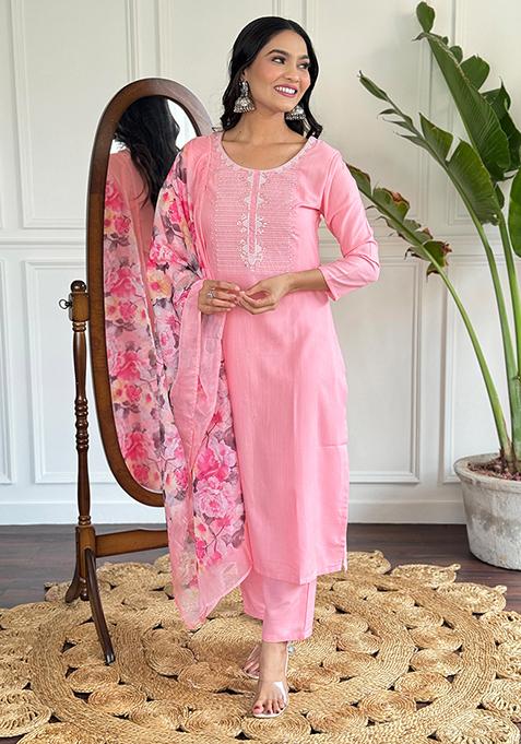 Pink Thread Embroidered Rayon Slub Kurta Set