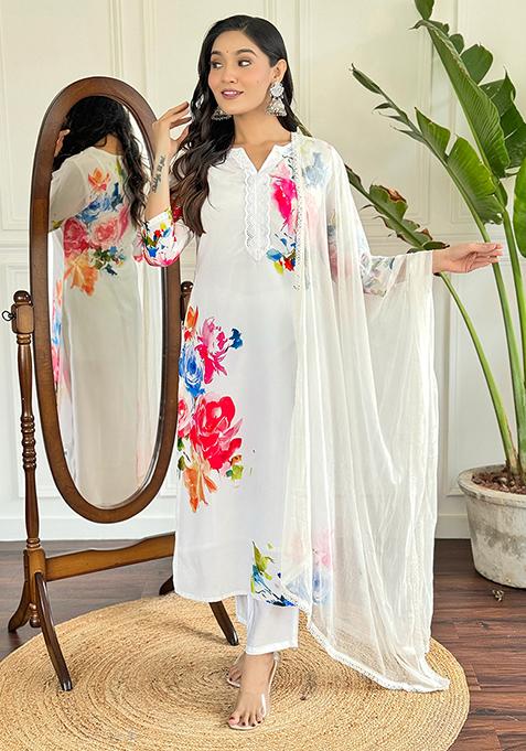 White Printed Crepe Kurta Set