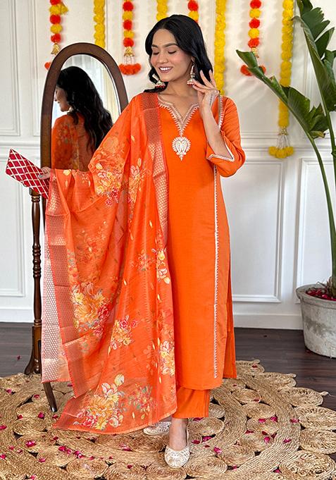 Orange Embroidered Chanderi Viscose Kurta Set