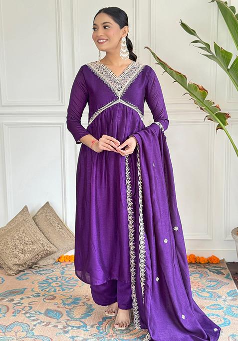 Wine Embroidered Vichitra Silk Kurta Set