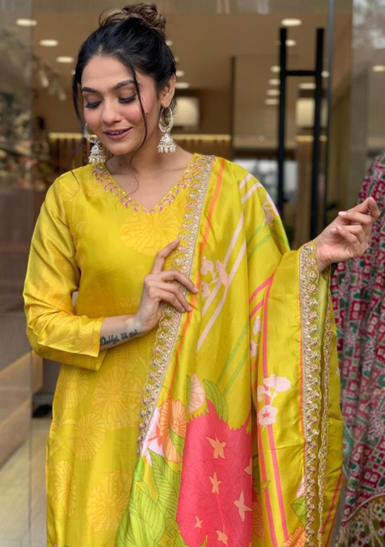 Yellow Embroidered Chanderi Silk Kurta Set