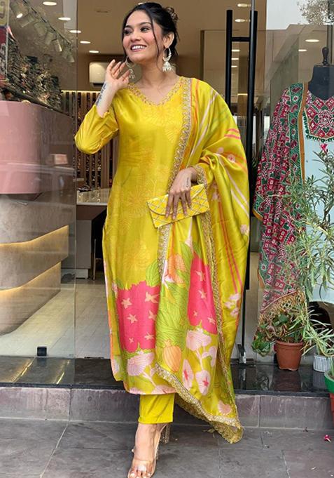 Yellow Embroidered Chanderi Silk Kurta Set