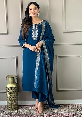 Blue Embroidered Chanderi Silk Kurta Set