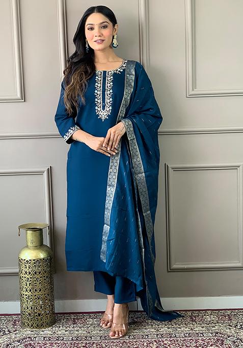 Blue Embroidered Chanderi Silk Kurta Set