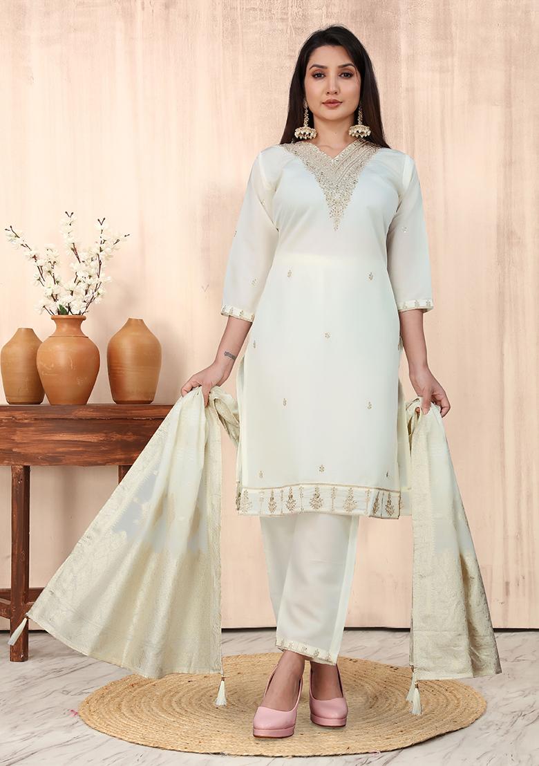 White Embroidered Silk Blend Kurta Set