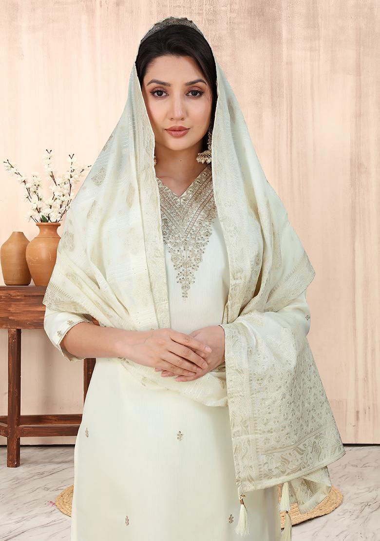 White Embroidered Silk Blend Kurta Set