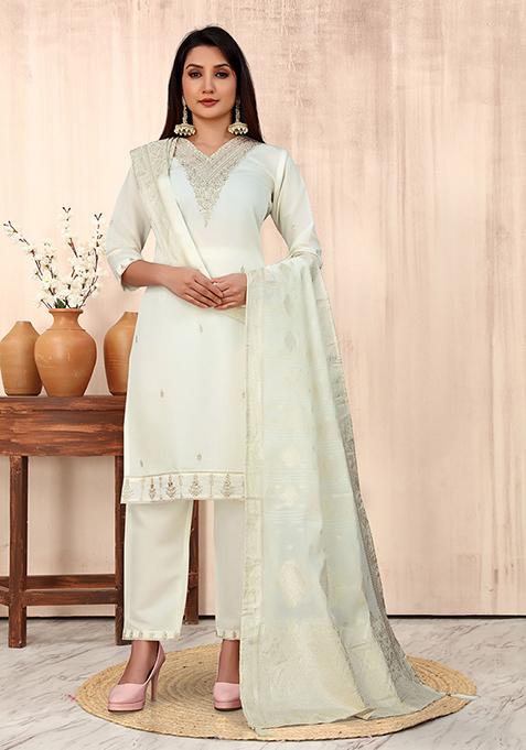 White Embroidered Silk Blend Kurta Set