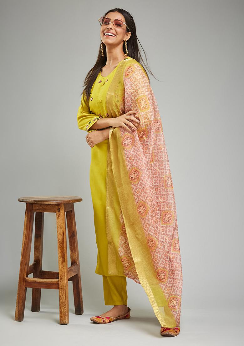 Yellow Thread Embroidered Chanderi Silk Kurta Set