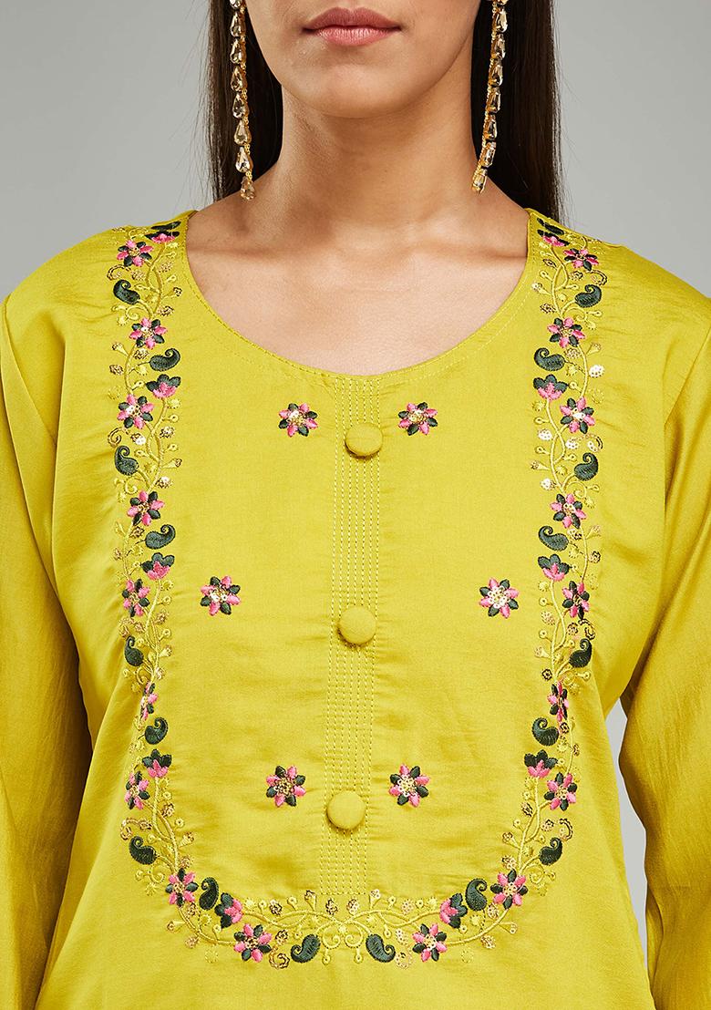 Yellow Thread Embroidered Chanderi Silk Kurta Set