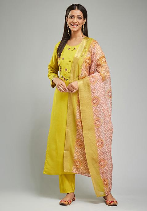 Yellow Thread Embroidered Chanderi Silk Kurta Set