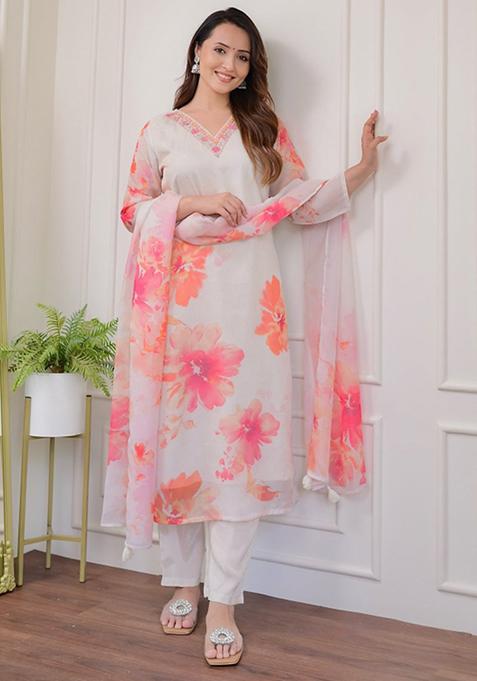 White Printed Organza Kurta Set