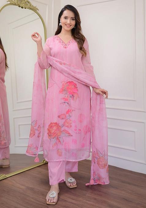 Pink Printed Organza Kurta Set