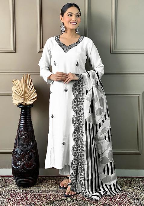 White Thread Embroidered Viscose Kurta Set