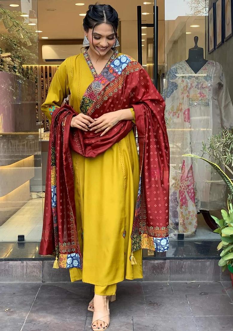Mustard Thread Embroidered Chanderi Silk Kurta Set