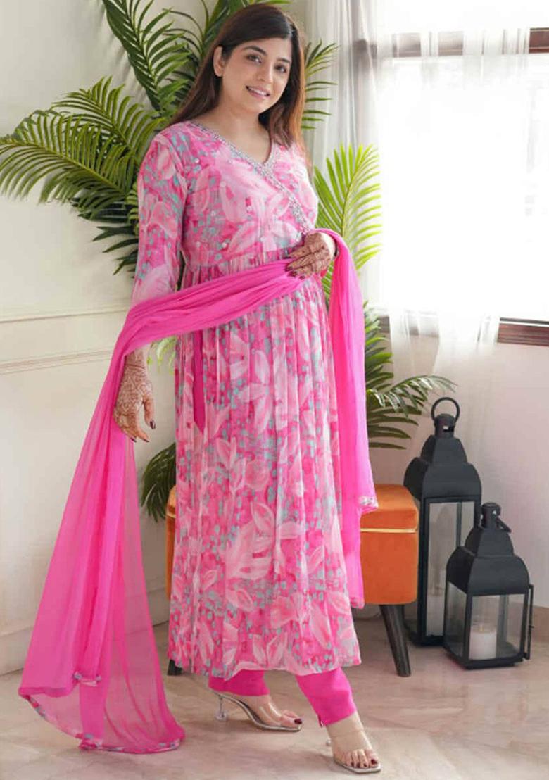 Pink Printed Georgette Kurta Set