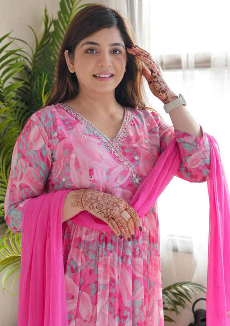 Pink Printed Georgette Kurta Set