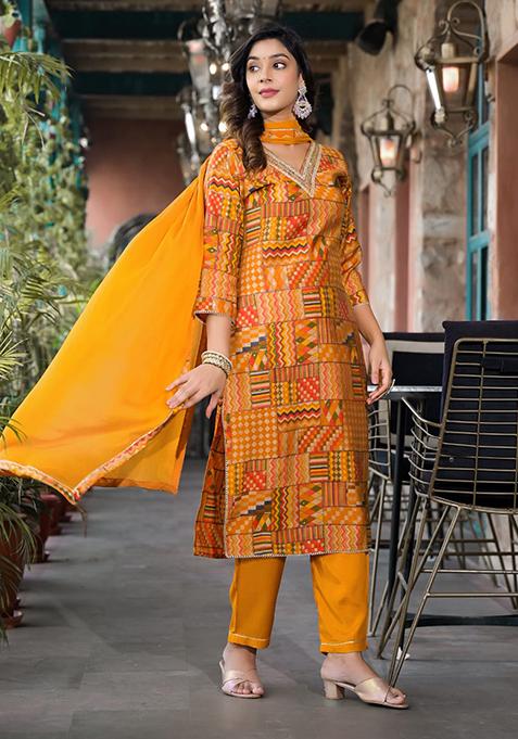 Orange Printed Chanderi Silk Kurta Set