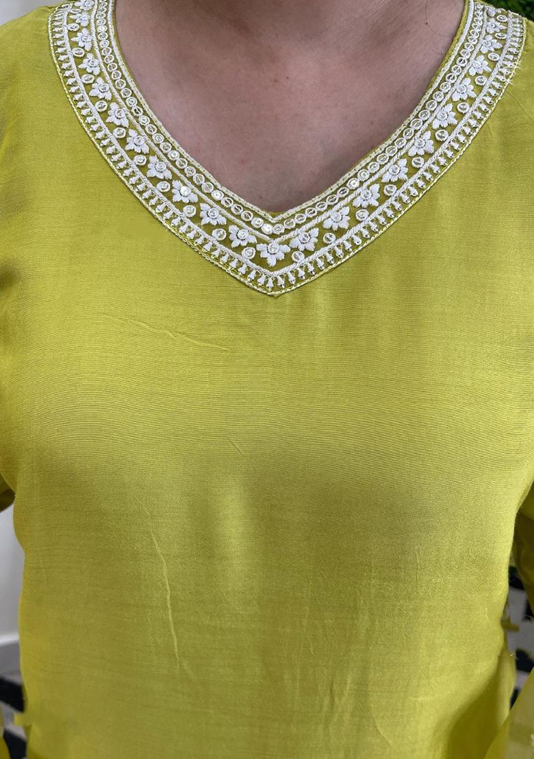 Yellow Thread Embroidered Chanderi Cotton Kurta Set