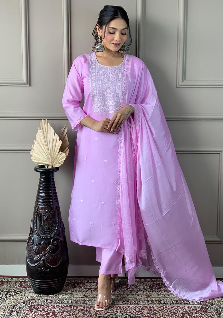 Pink Embroidered Chanderi Silk Kurta Set