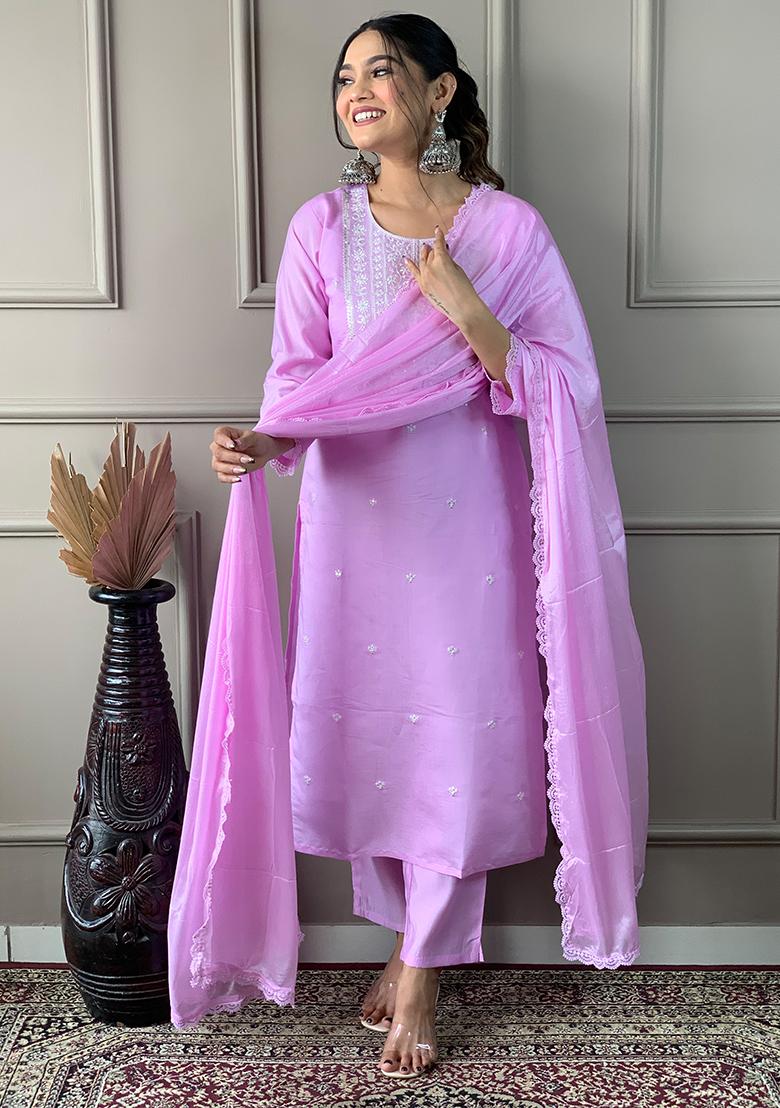 Pink Embroidered Chanderi Silk Kurta Set