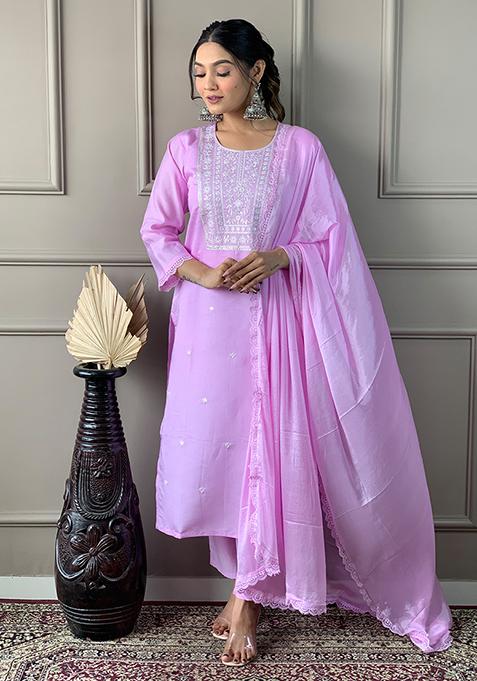 Pink Embroidered Chanderi Silk Kurta Set