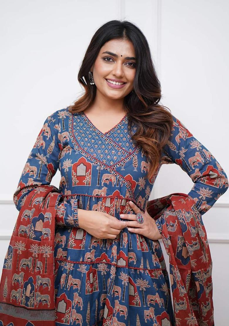 Blue Printed Cotton Kurta Set