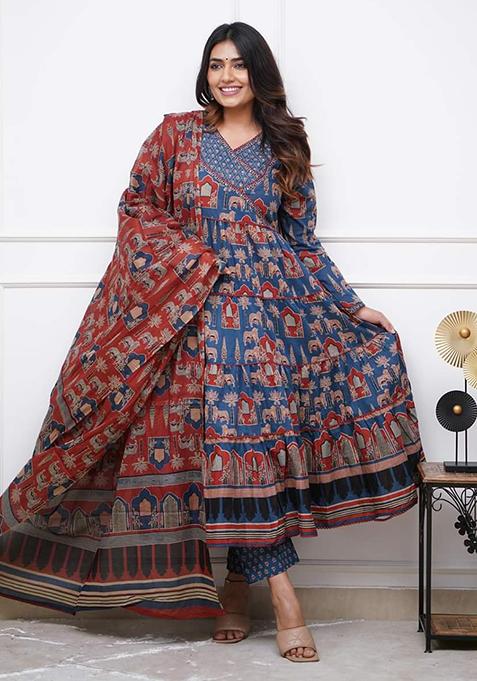 Blue Printed Cotton Kurta Set