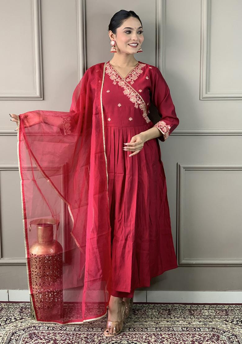 Mustard Embroidered Chanderi Cotton Kurta Set