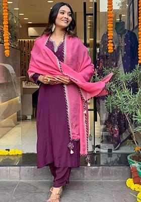 Purple Embroidered Silk Kurta Set