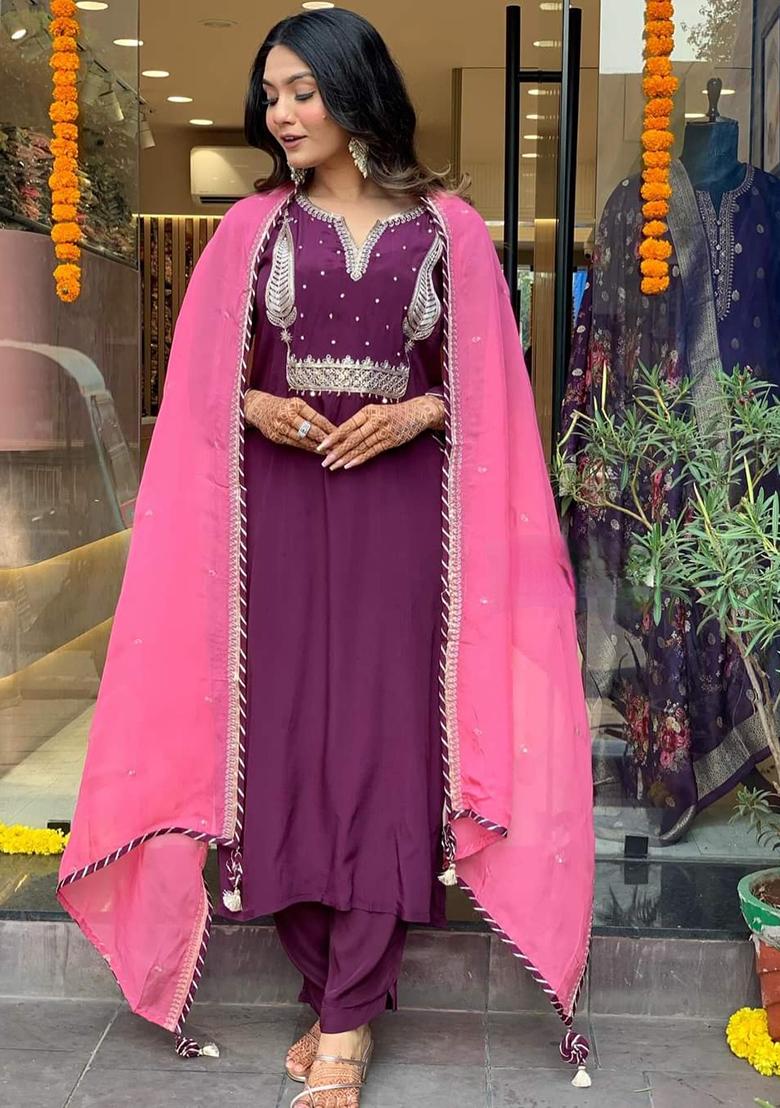 Purple Embroidered Silk Kurta Set