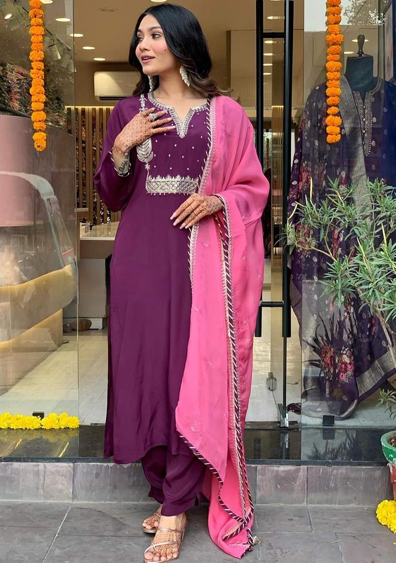 Purple Embroidered Silk Kurta Set