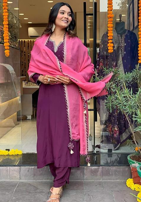 Purple Embroidered Silk Kurta Set