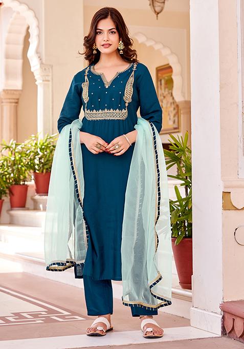 Blue Embroidered Silk Kurta Set