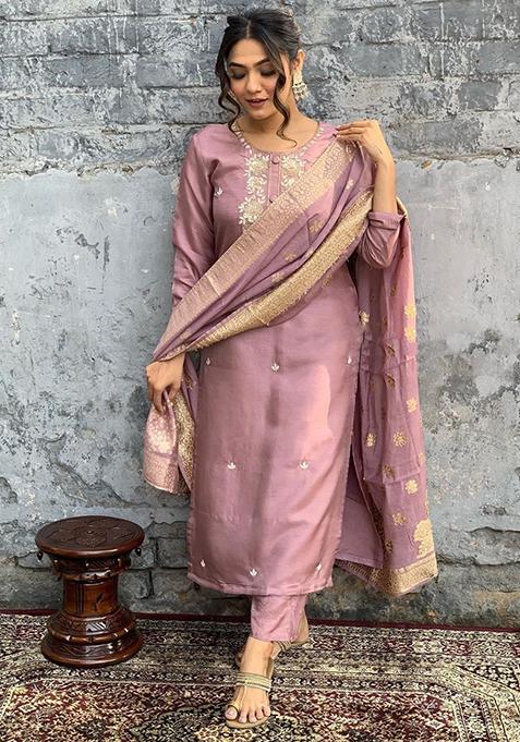 Onion Pink Embroidered Viscose Rayon Kurta Set