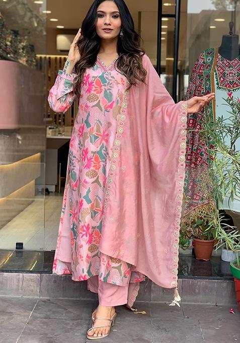 Pink Printed Viscose Rayon Kurta Set